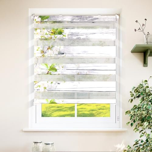 Grandekor Doppelrollo Klemmfix ohne Bohren mit Muster Weiß-Blüten 50x150(BxH) Duo Rollo Rollos für Fenster ohne Bohren, Rollos mit Motiv, Klemmrollo Seitenzugrollo Sonnenschutz und Sichtschutz