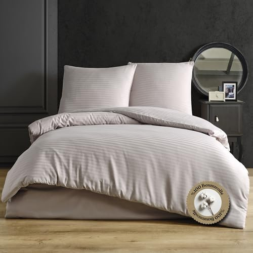 nordqueen Satin gestreift Seersucker Bettwäsche,100% Baumwolle Bettbezug aus Atmungsaktive Winter Bettwäsche Set (Steinfarbe, 200X220 cm)