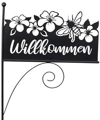Gartenschild Gartenstab mit Schild Willkommen aus Metall schwarz Höhe 119cm Breite 42 cm