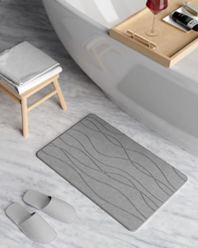 CSTDE Stone Bath Mat Quick Dry, Diatomaceous Earth Shower Mat, Non-Slip, Super Absorbent, Grey 23.5 x 15.5