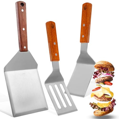 Set di 3 spatole per barbecue in acciaio inox: set di spatole per barbecue con manico in legno, spatola in acciaio inox per teppanyaki Barbecue Hamburger bistecca pizza teglie