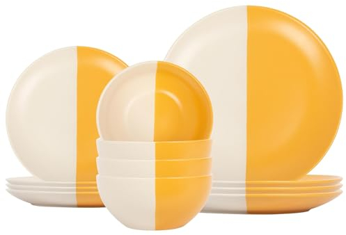 Nicola Spring 12pc Stoneware Dinner Set - Mustard - 4-Person Dining Set Kitchen Ceramic Two Tone Dinnerware Crockery Plates and Bowls Set for Starters, Sides, Mains, Dessert