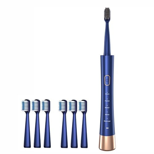 Brosse à dents électrique à ultrasons avec 6 têtes de brosse, 5 modes, durée de 60 jours à pleine charge, 31 000 vibrations par minute, étanchéité IPX7, fuselage incurvé (bleu, adulte)