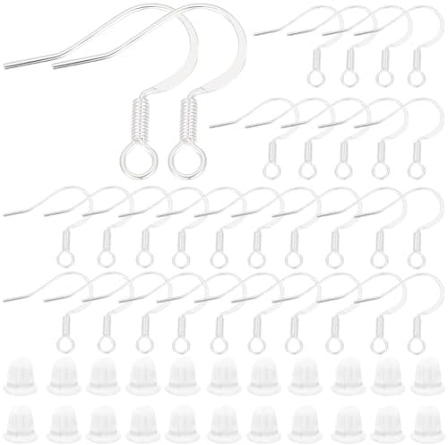Beebeecraft 1 Box 100Pcs French Earring Hooks 925 Sterling Silver Plated Brass 20 Gauge Flat Curve Fish Earring Wire for DIY Jewelry Making Findings