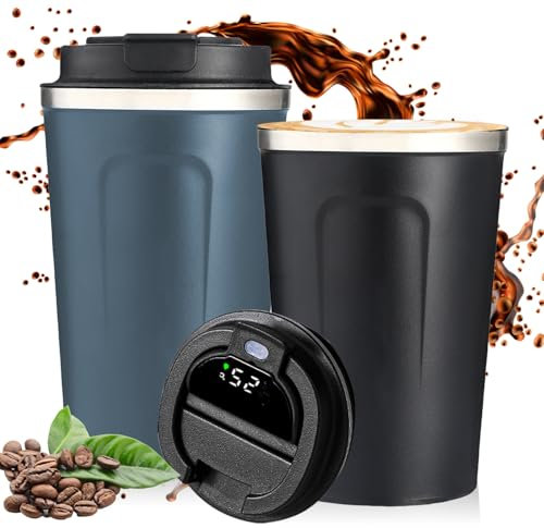 WIYETY Thermal Mug Coffee to Go: Pack of 2 Vacuum Thermal Mug with LED Temperature Display, 380 ml Coffee Mug to Go Leak-Proof Stainless Steel with Lid, Suitable for Coffee, Tea and Beer