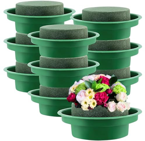 MAKTSAM 10 PCS 12 cm Floral Foam with Bowls, 4.7 Inch Round Florist Foam Block, Green Round Wet and Dried Floral Foam Base with Tray for Wedding Decoration Florist DIY Craft