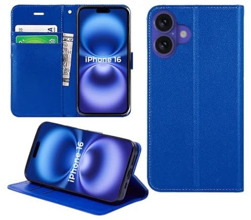 DN-Technology for iPhone 16 Case Flip Premium Leather Wallet Book Magnetic Closure Kickstand Folio Card Holder Slots Protective Phone Cover (BLUE) - (iPhone 16 6.1 inch)