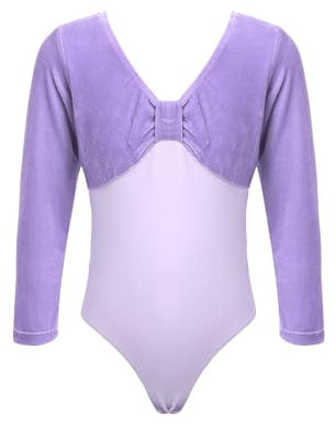Kaerm Ballettkleidung Mädchen Langarm Kinder Gymnastik Body Samt Patchwork Trikot V-Ausschnitt Leotard Tanzkleidung Lila 134-140