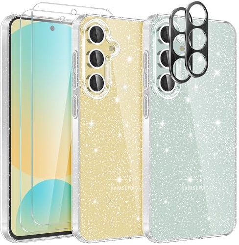 YIRSUR Funda para Samsung Galaxy S24 FE Glitter, con 2 Protectores de Pantalla y 2 Protectores de Cámara, Carcasa Transparente Glitter, Fina y Suave, Silicona TPU Resistente a los Golpes
