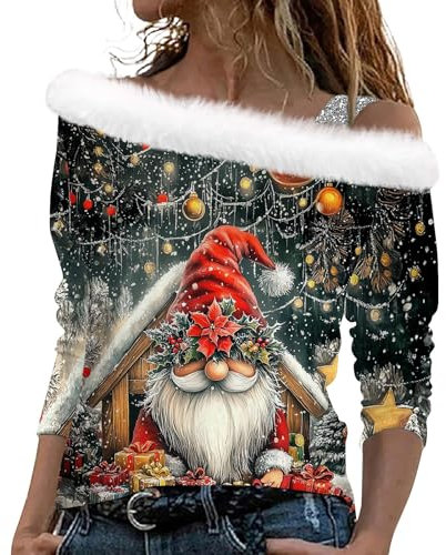 Weihnachtspulli Damen Off Shoulder Weihnachts Langarmshirt Lässige Glitzer Chritmas Drucken Weihnachtspullover Mit Weinglasmuster Herbst Winter Langarm Pullover Mit Schulterriemen(Mehrfarbig,XXL)