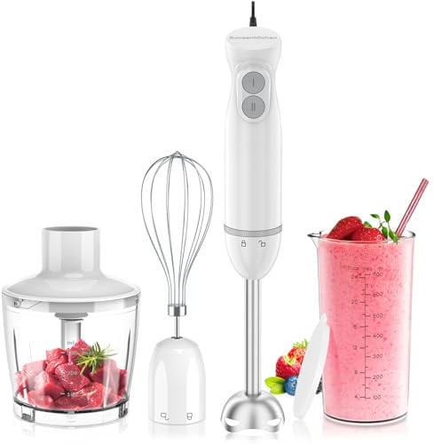 Bonsenkitchen Frullatore a Immersione, Frullatore Elettrico a Immersione in Acciaio Inossidabile da 1000 W, 2 Velocità Variabili, con Tritatutto, Misurino e Frusta, per Pappe, Zuppe, Frullati, Puree