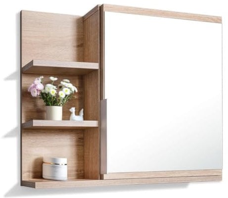 DecoNest Spiegelschrank 60x50 Sonoma Eiche, Badezimmerschrank mit Ablagen, Badezimmerspiegel, Hängeschrank - Links