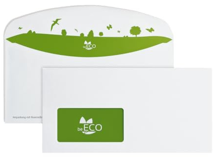 beECO Briefumschläge C6/5 229 x 114 mm (500 Stück), Briefumschläge mit Fenster haftklebend, Briefumschlag aus 100% Recycling Papier, Umschläge für DIN A4 Papier, weiß, 80g/m²