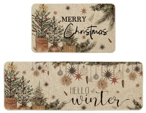 Artoid Mode Bäume Blumentöpfe Kiefernzapfen Weihnachten Küchenteppich 2er Set, Winter Xmas Küchenmatten Für Innen Außen Dekor - 43x73 and 43x118 cm