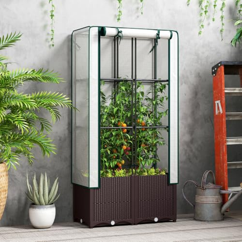 80 x 40 x 140 cm, Plastic Planter Box with PE Cover, Drainage Holes, Drain Plugs and Water Reservoirs, Raised Garden Bed with Trellis for Climbing Plants, Vegetables, Flowers