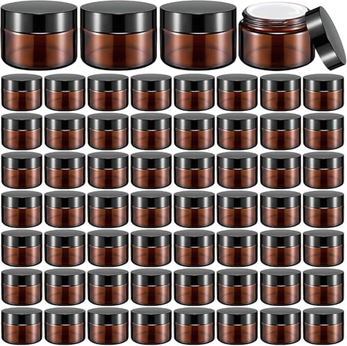 Lot de 60 pots à pommade en verre marron de 30 ml avec couvercle - Petits récipients cosmétiques rechargeables ronds vides pour lotions, échantillons, poudres, sels de bain