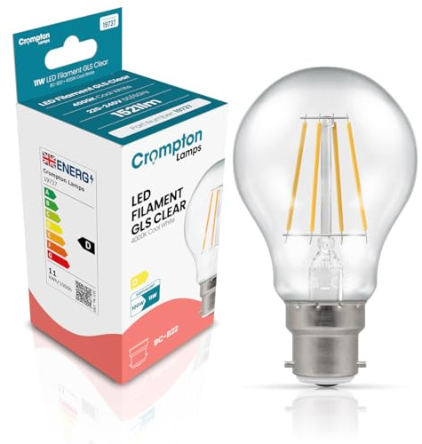 Crompton Lamps Filament GLS LED Light Bulb BC-B22d | 11W = 100W Equivalent | Cool White 4000K | Energy Efficient | Bayonet Lightbulb | Long Life 15,000-Hrs | Clear Glass | Dimmable
