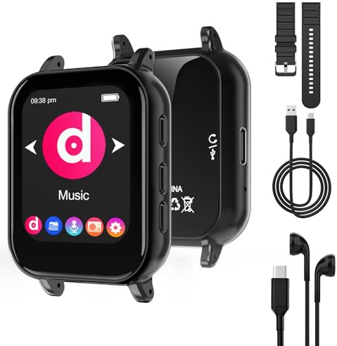Lecteur MP3 avec Bluetooth 5.0, montre lecteur de musique à écran tactile 32 Go avec sangle amovible, haut-parleur intégré, écouteurs filaires, écran IPS de 4,2 cm, lecteur MP3 portable pour le sport