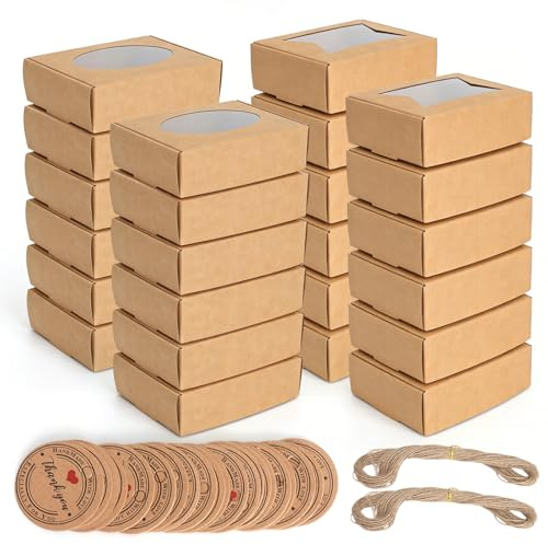 GZRXIOUS 24 stycken kraftpapperslådor med visningsfönster, kaklåda, återanvändbara små lådor med etiketter och snöre för godis, papper, choklad, smycken, muffins förpackning (9,5 x 7 x 3 cm)