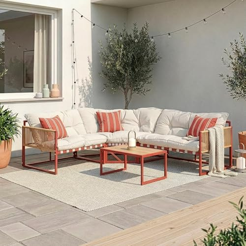 casa.pro Gartenmöbel Set Karg Balkonmöbel Lounge Set 4-teilig Sitzgruppe 3 Sofaelemente mit Couchtisch Outdoor Ecksofa Rattan-Armlehne Kissen wetterfest Rattanoptik Rot/Beige