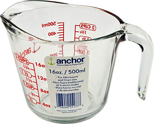 Anchor Hocking 2 Cup (16 Ounce) Glass Measuring Cup, Clear Glass with red Lettering (Anc-9439)