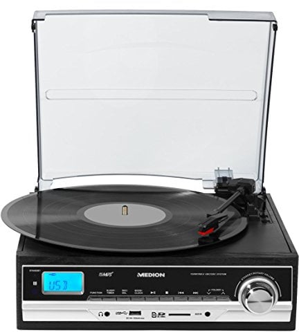 MEDION E69216 (MD 83906) Schallplatten- und Kassettendigitalisierer, MP3-Umwandlung, MP3-Player, Riemenantrieb, 3 Drehgeschwindigkeiten, 2 x 1,5 Watt RMS, schwarz