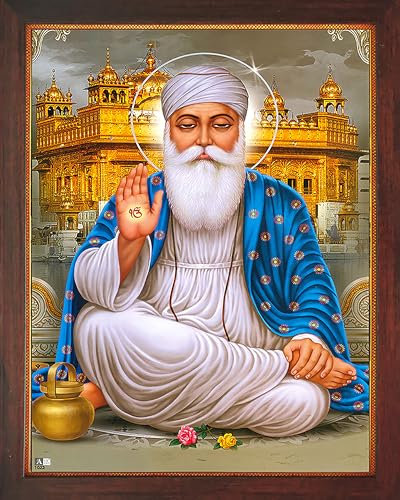 Sikh Guru, gurunank DEV Ji geben Blessings mit ekumkar auf Rechts Seite und sitzen Außerhalb goldenen Tempel, ein Poster Bild mit Rahmen für Sikh Religiöse Office/Home