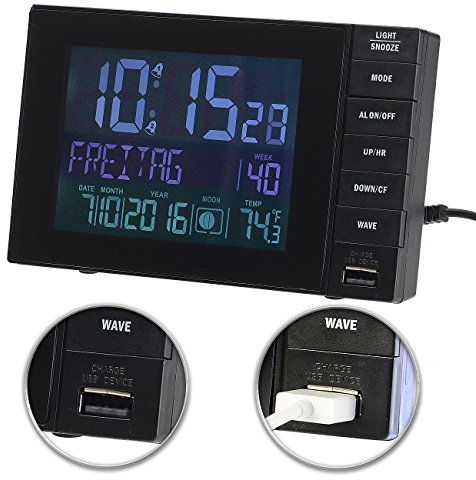 infactory Funkwecker mit Netzteil: Funkwecker mit Temperatur-Anzeige, USB-Ladestation (2 A), 2 Weckzeiten (mit Stromanschluss, Funkuhr mit Stromanschluss, Wecker mit Netzanschluss)