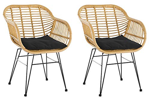 SalesFever Esszimmerstuhl Ulani | 2er Set | Rattan-Optik | Naturfarben | Korbstuhl mit Armlehnen | Gestell Metall Schwarz | Outdoor geeignet