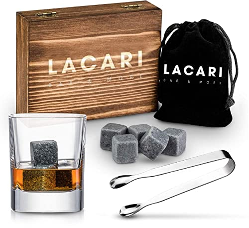 Whisky Steine | 9X Wiederverwendbare Eiswürfel | Lacari ORIGINAL Whiskey Steine | Whisky Geschenkset mit Holzbox, Zange & Stoffbeutel | Kein Verwässern für Whiskey, Rum, Gin | Geschenk Geburtstag
