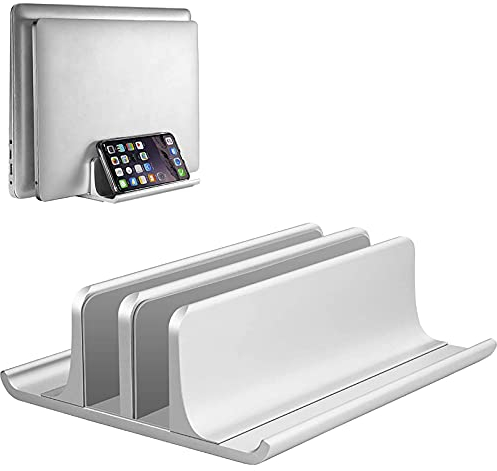 VAYDEER Vertikaler Laptop Ständer, Verstellbarer Laptop Ständer Vertikal, Aluminium 4 in 1 Laptopständer mit 2 Steckplatz Platzsparend für MacBook, Notebook, iPad, Laptops bis zu 17,3 Zoll - Silber
