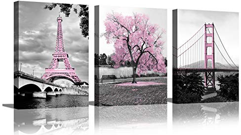 Wandkunst für Schlafzimmer Rosa Baum Paris Eiffelturm Golden Gate Bridge Romantisch Schwarz und Weiß Stadt Poster Badezimmer Bilder Drucke auf Leinwand für Wohnzimmer Dekor