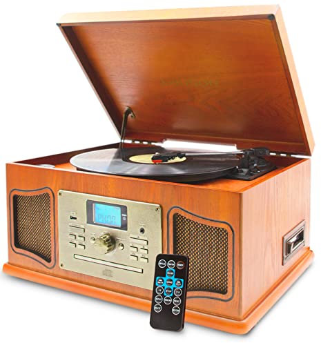 Lauson XVI11 Tocadiscos de Vinilo Vintage | Tocadiscos Bluetooth | Reproductor de vinilos con CD y Cassette | Radio FM | Vinilo a MP3 USB Codificación