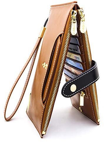 ANDOILT Portefeuilles pour Femmes en Cuir Véritable RFID Bloquant Le Porte Cartes Multi Plis avec Poche Zippée Marron