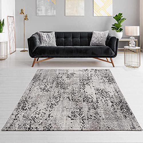 Hochwertiger Designer Teppich Antea - Moderne Kurzflorteppiche - Wohnzimmerteppich im Vintage Design - 133 x 190cm, Ornamente schwarz/beige