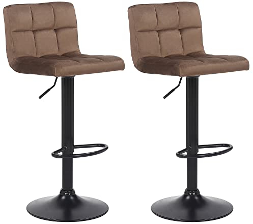 CLP 2er Set Barhocker Feni Samt, höhenverstellbar mit Fußstütze, Lehne & Metallgestell, belastbar bis 150 kg, Farbe:braun