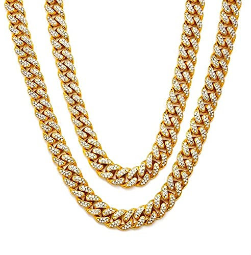 Mesnt Kette Herren Gold, Kette Damen Gold, Kette Legierung Lang, Kubanische Halskette mit Iced Out Curb aus Legierung, 12.5mm Kette Gold 50cm