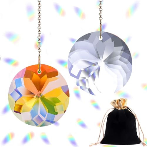 2pcs Crystal Ball Prism Suncatcher Window Hanging Glass Rainbow Sun Catcher Crystal Prism Suncatcher Ornament For Home Office, Garden Decoration Car Pendant (Colorful + Clear)