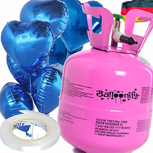 Helium Ballongas + Herz Folienballons + Ballonband | 20er Heliumflasche + Knickventil + 8 Ballonherzen + 10m Band | Luftballon Herzen Geburtstag Party Hochzeit, Edition: Set mit Blauen Herzballons