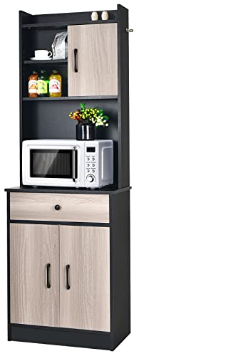 GOPLUS Armario de cocina, armario independiente con cajón ancho, estantes ajustables, 2 puertas, estante liso, estante de almacenamiento para comedor, cocina, salón, restaurante (negro)