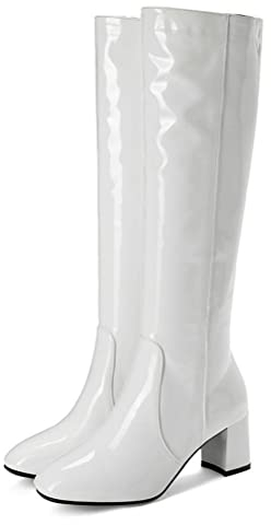 ORANDESIGNE Stivali in Vernice Donna Scarpe a Punta al Ginocchio Stivali Alti Stivali da Motociclista Moda Stivali a Punta Tonda Sexy Stivali con Tacco Grosso Autunno Inverno A Bianco 34 EU