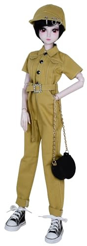 Proudoll 1/3 BJD-Puppe, 60 cm, SD-Kugelgelenke, bewegliche Gelenke, Körper, modisch, Mädchen, Caroline, Perücke, Overall, High Heel, Handtasche (Hellkhaki)