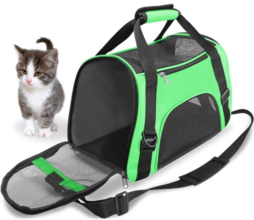 Haustier Reise Tragetasche für Katze Hund Kaninchen Hamster, Flugzeug Genehmigt Weich Seitlich Tragbare Haustier Tasche mit Schultergurt (M - 47x27x28 cm for Max 5KG Pet, Grün)