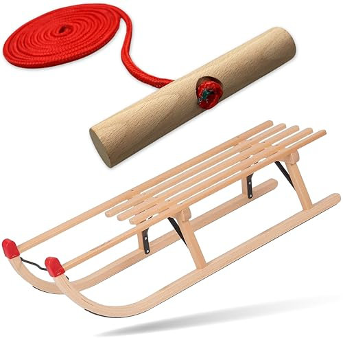 Explorer Colint Holz Holzschlitten mit Rückenlehne für Kinder ab 1 Jahr und Erwachsene und Erwachsene Set Schlitten Davos mit Leine in Rot 90cm Alpina Fun