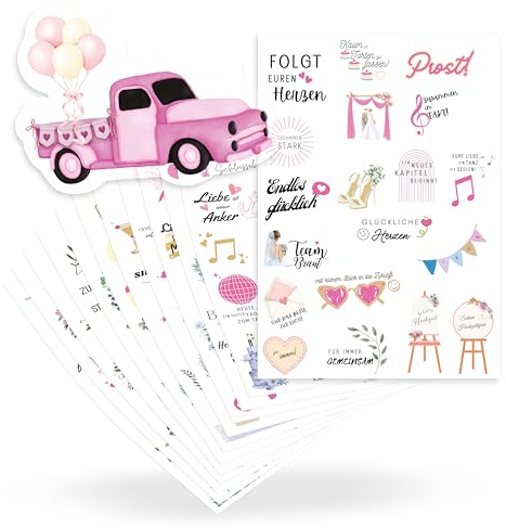 ECCK Sticker Hochzeit Gästebuch (12 DIN A5 Bögen), Hochzeitssticker Set mit Aufkleber Hochzeit für Gästebuch, Tischkarten, Scrapbook & Fotoalbum mit Liebe, Vintage & Herz-Motiven auf Deutsch
