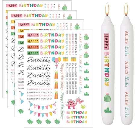 4 Stück Kerzentattoos Geburtstag, Kerzensticker, Wasserschiebefolie, Kerzen Tattoo Geburtstag, Kerzen Tattoos, Tattoo Folie Kerzen, für Gestaltung von Kerzen und Keramik, Geburtstagskerze, DIY B