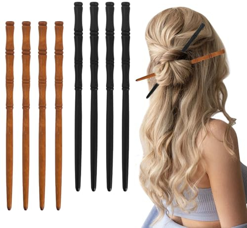 8PCS Retro Wooden Hair Bâtons Cheveux Bois Baguettes Cheveux, Support Cheveux en Forme de Bambou, pour Chignons Cheveux Longs (Brun + noir)