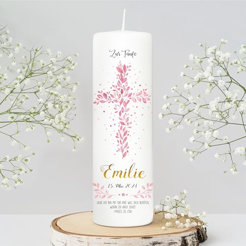 Wandtattoo Loft Taufkerze Mädchen mit Taufspruch, Motiv Heiliges Kreuz aus rosa Blättern, 25cm x 8cm, personalisierte Kerze, bedruckte rosa Kerze Taufe, Stumpenkerze, individuelles Taufgeschenk