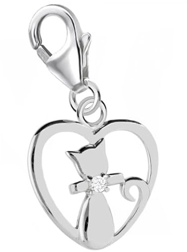 Goldene Hufeisen Charm Anhänger Katze Herz 925 Sterling Silber Zirkonia Kristallsteine, Karabiner