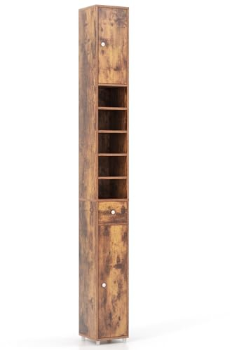 GOPLUS Badezimmerschrank schmal, Hochschrank mit Schublade, Türen & Ablagen, Badschrank Aufbewahrungsschrank für Badzimmer, Wohnzimmer & Küche, 20 x 20 x 180 cm (Braun)